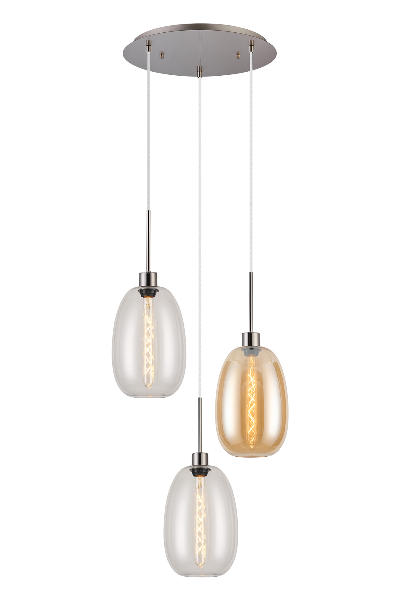 DK1364  Lori 40cm Round Pendant, 3 Light Adjustable E27, Satin Nickel/Clear/Amber Slim Curved Trapezium Shades